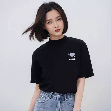 韩系半高领正肩显瘦短袖T恤女夏季2025新款黑色百搭休闲宽松上衣图片