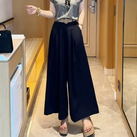2025夏季新款送腰带裙裤度假风松紧高腰阔腿裙裤女九分裤直筒裤潮图片
