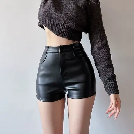紧身皮短裤女2025新款辣妹高腰辣妹性感黑色时尚秋冬PU皮打底靴裤商品大图