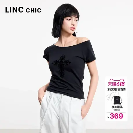 LINC金羽杰2025年夏季新款斜肩短袖性感华丽风半袖T恤女上衣K221Y图片