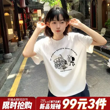 chic学院风宽松正肩白色t恤女短袖小众卡通印花百搭纯棉半袖上衣商品大图