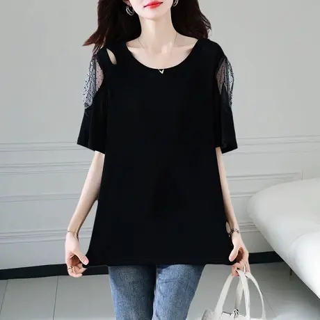时尚网纱拼接中长款短袖t恤女夏2025新款欧货洋气宽松显瘦女上衣商品大图