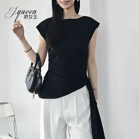 黑色短袖t恤女夏季新款收腰露肩美式复古设计感系带修身纽扣上衣图片
