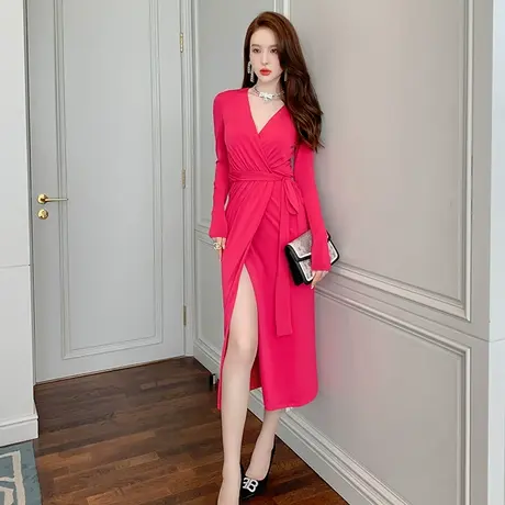 秋季女装韩版简约气质收腰一片式系带裹身连衣裙遮肉显瘦开叉长裙商品大图