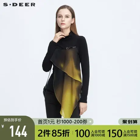 sdeer圣迪奥冬季时尚休闲半高领拼接渐变长袖短款T恤女S20480217🥏商品大图