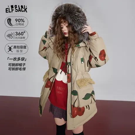 妖精的口袋樱桃印花连帽羽绒服女2023冬季新款防风保暖工装外套商品大图