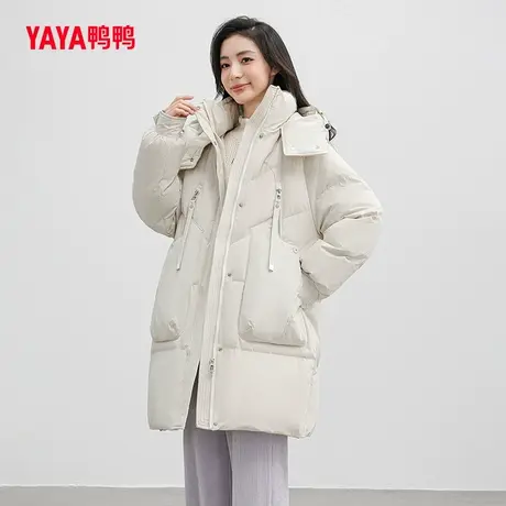 鸭鸭羽绒服女2023秋冬新品中长款连帽厚外套大口袋时尚外套J商品大图