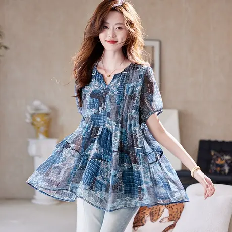 宝诗黎V领印花短袖衬衫女2025新款洋气减龄百搭夏季休闲气质衬衣图片