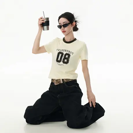 2025新款正肩修身短款印花短袖T恤女夏季潮酷个性辣妹风半袖上衣图片