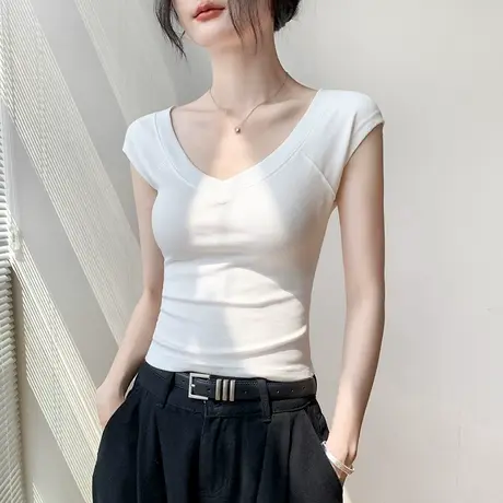 白色V领坎肩短袖女t恤2025新款夏季修身内搭打底衫露锁骨外穿上衣图片