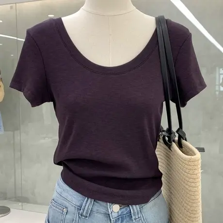 极简前后大U领雪花螺纹棉T恤上衣夏季新款简约基础修身显瘦短袖商品大图