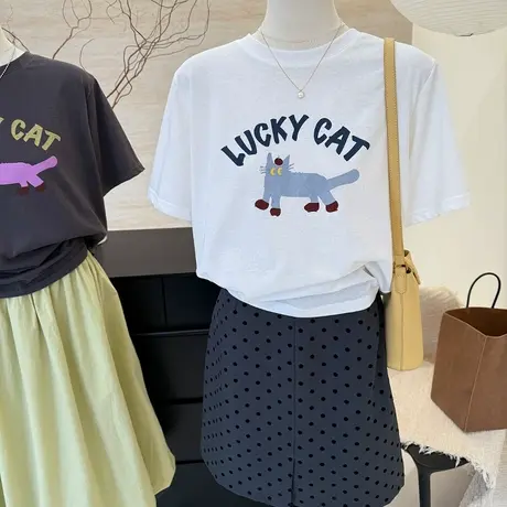 撞色卡通字母猫咪印花短袖t恤女夏新款时髦宽松雪花棉凉感tee上衣商品大图