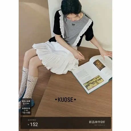 阔色蝴蝶结黑灰拼接t恤花边上衣短袖2025夏季新款女气质半袖宽松商品大图