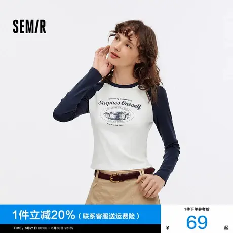 [商场同款]森马长袖T恤女短款插肩袖修身2025秋新款美式字母上衣图片