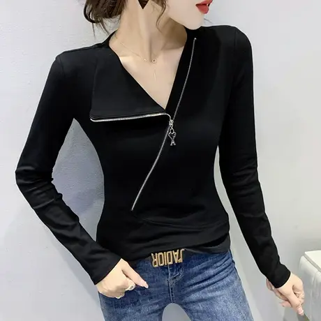 2024春秋新款时尚拉链V领T恤小众设计感洋气上衣百搭打底衫女长袖商品大图