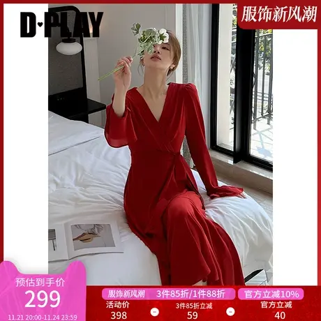 DPLAY新法式复古果酱红V领喇叭袖连衣裙回门服敬酒服轻礼服商品大图