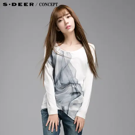 sdeer圣迪奥2017秋女立体墨意雪纺衫拼接T恤S15180253图片