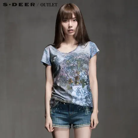 s.deer圣迪奥专柜正品女夏复古油墨印花简约T恤S15280119图片