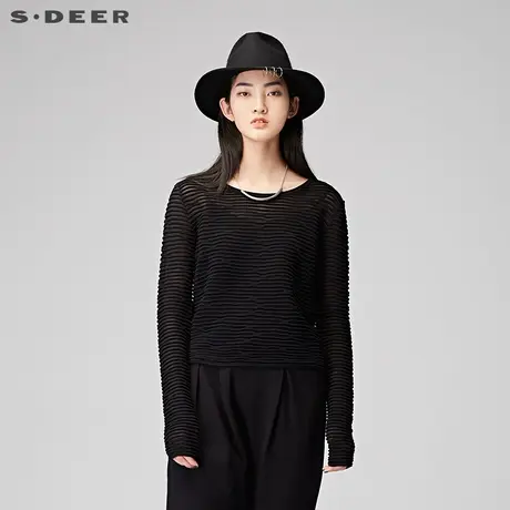 sdeer圣迪奥简约酷黑立体肌理套头圆领短款针织衫S17483572图片