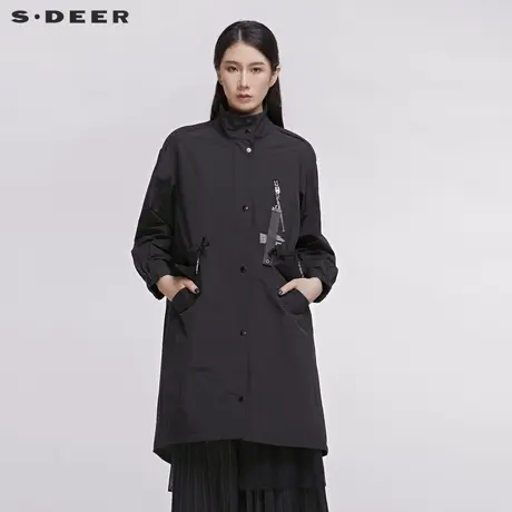 sdeer 圣迪奥女装立领收腰飘带中长款通勤黑色风衣S20181704图片