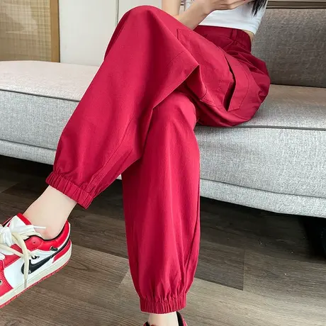 安可拉红束脚工装裤女2025年新款高腰垂感百搭休闲美式哈伦运动裤商品大图