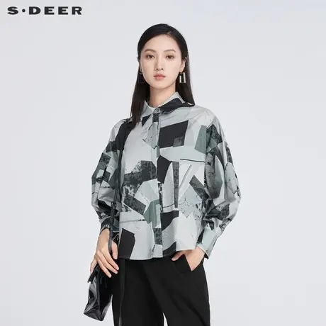 sdeer圣迪奥翻领撞色印花宽松长袖衬衫S221Z0522图片