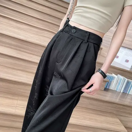断码清仓新中式国风浮雕缎面提花阔腿裤女薄款高腰小个子休闲裤子商品大图