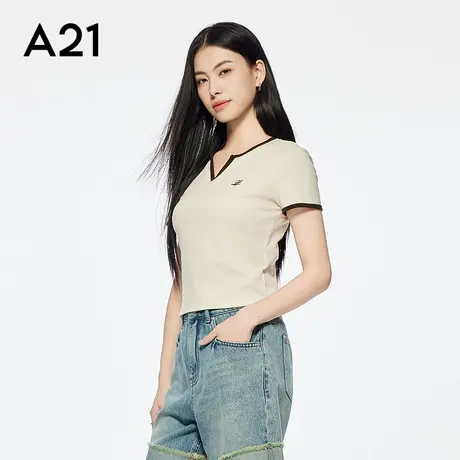 A21女装拼接撞色V领T恤简约设计感字母绣花短袖上衣修身气质显瘦图片