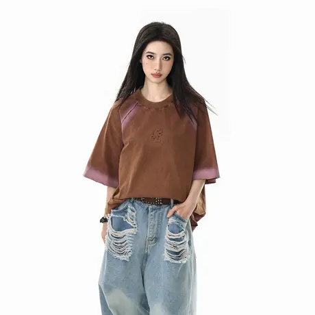 2025新款美式喷染做旧宽松短袖T恤女夏季街头ins风情侣款半袖上衣图片