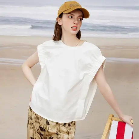 a02法式别致设计感小众宽松袖口褶皱显瘦女式T恤夏季纯色图片