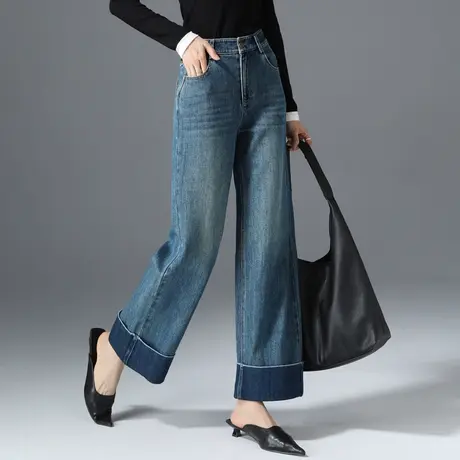 小个子阔腿牛仔裤女春秋新款宽松显瘦高腰直筒翻边裤子休闲九分裤商品大图