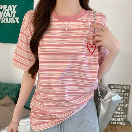 粉色条纹短袖t恤女夏季2025新款纯棉正肩上衣设计感小众宽松百搭商品大图