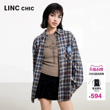 LINC金羽杰2025年春季新款衬衫外套怀旧水洗感衬衣格子衬衫女081Y商品大图