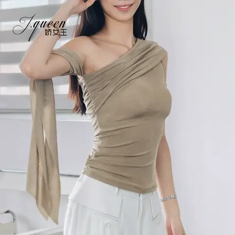 斜肩飘带T恤女夏季新款修身显瘦辣妹设计感小众内搭短款露脐上衣图片