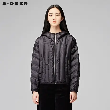 sdeer圣迪奥2019冬装纯色休闲连帽条纹亮面短款羽绒服女S17482444图片