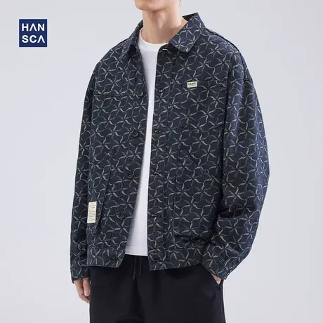 hansca复古提花牛仔外套男2024秋冬款潮牌美式宽松翻领休闲夹克男商品大图