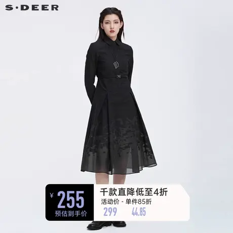 sdeer圣迪奥女春装印花收腰网纱不规则衬衫连衣裙S22181222商品大图