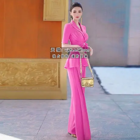 夏季职业OL女人味褶皱上衣阔腿裤两件套新款气质女神范套装商品大图