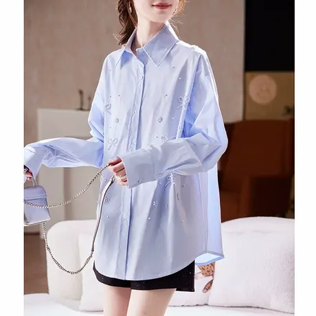 宝诗黎OL钉珠拼接条纹衬衫2025春季韩系时尚洋气宽松棉质大码衬衣图片