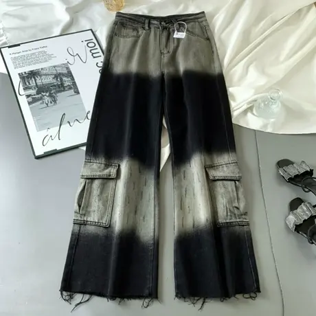 渐变色口袋工装牛仔裤女2025春季新款美式高腰显瘦宽松阔腿直筒裤商品大图
