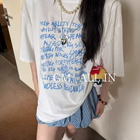 韩国东大门2025夏季新款洋气百搭宽松撞色字母印花垫肩短袖T恤女商品大图