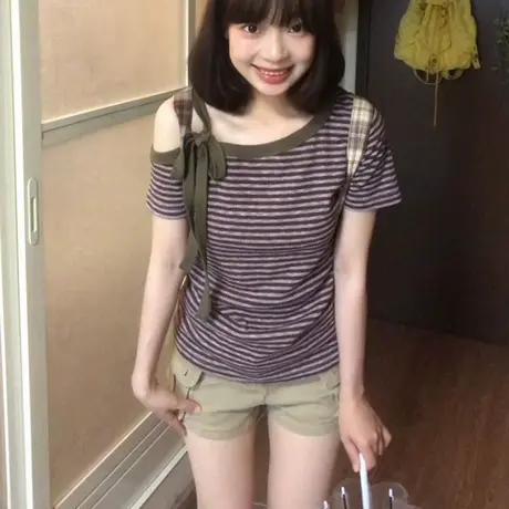 条纹斜肩绑带设计感短袖T恤女夏季修身韩版chic甜辣纯欲半袖上衣商品大图