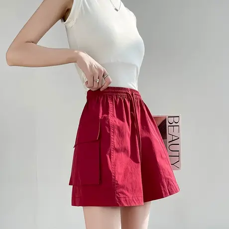 外穿朱砂红色工装短裤女夏季薄款宽松休闲抽绳阔腿速干a字三分裤商品大图