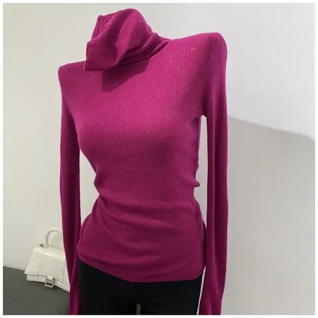 网红ins火龙果色仿羊毛针织衫！高领打底衫女薄款毛衣秋冬新2022商品大图