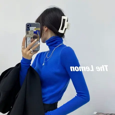 秋冬新款韩版堆堆高领长袖针织打底衫女蓝色毛衣洋气百搭内搭上衣商品大图
