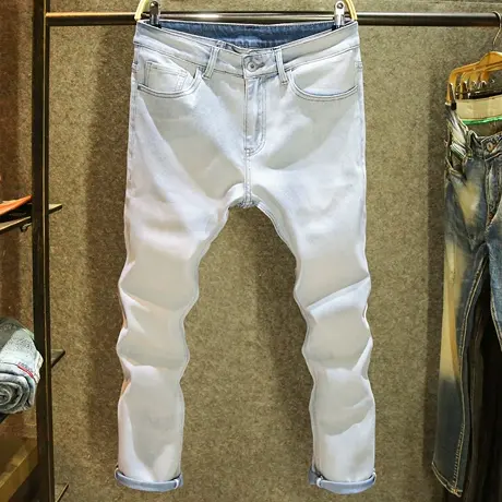 浅蓝色简约百搭牛仔裤男款弹力修身小脚裤潮流时尚裤子男夏季薄款图片