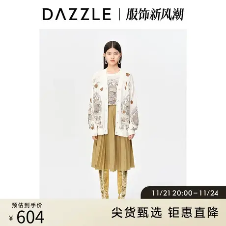 DAZZLE地素奥莱 秋中长款金色针织A字半身裙百褶裙女商品大图