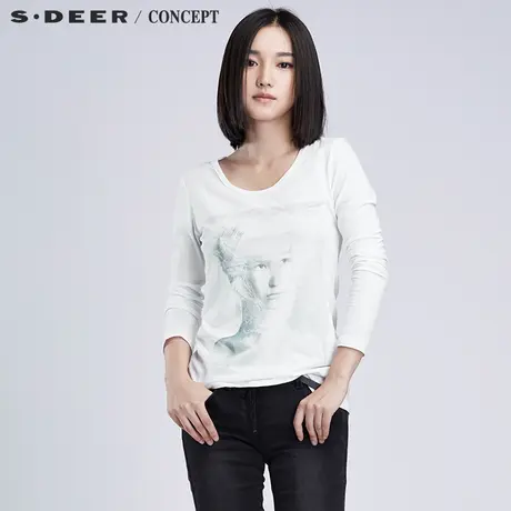 【买3免1】sdeer圣迪奥秋女装清雅水色人物印花长袖T恤S16380229图片