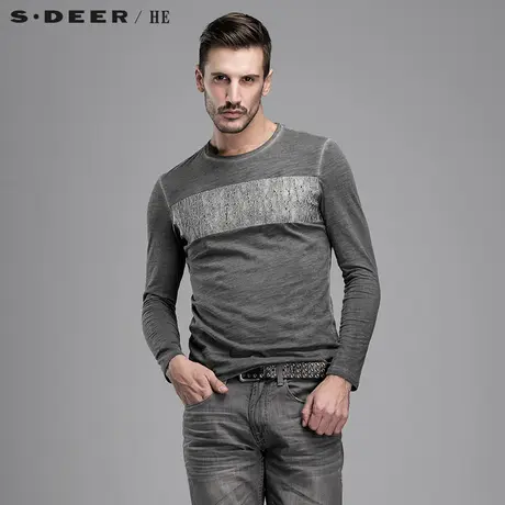 sdeerhe圣迪奥男装时尚做旧休闲贴皮印花纯棉长袖T恤H15170267图片