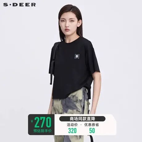 sdeer圣迪奥夏装个性圆领小众设计感印花宽松短袖T恤女S22280151图片